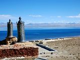 35 Victory Banners On Old Chiu Gompa Roof With Lake Manasarovar And Buildings Below